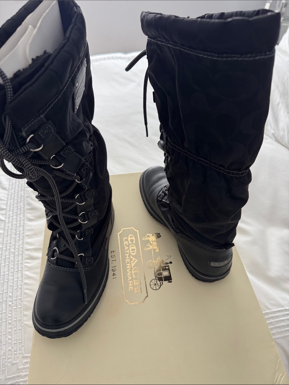 Coach Black Quilted Lace-Up Winter Rain Boots